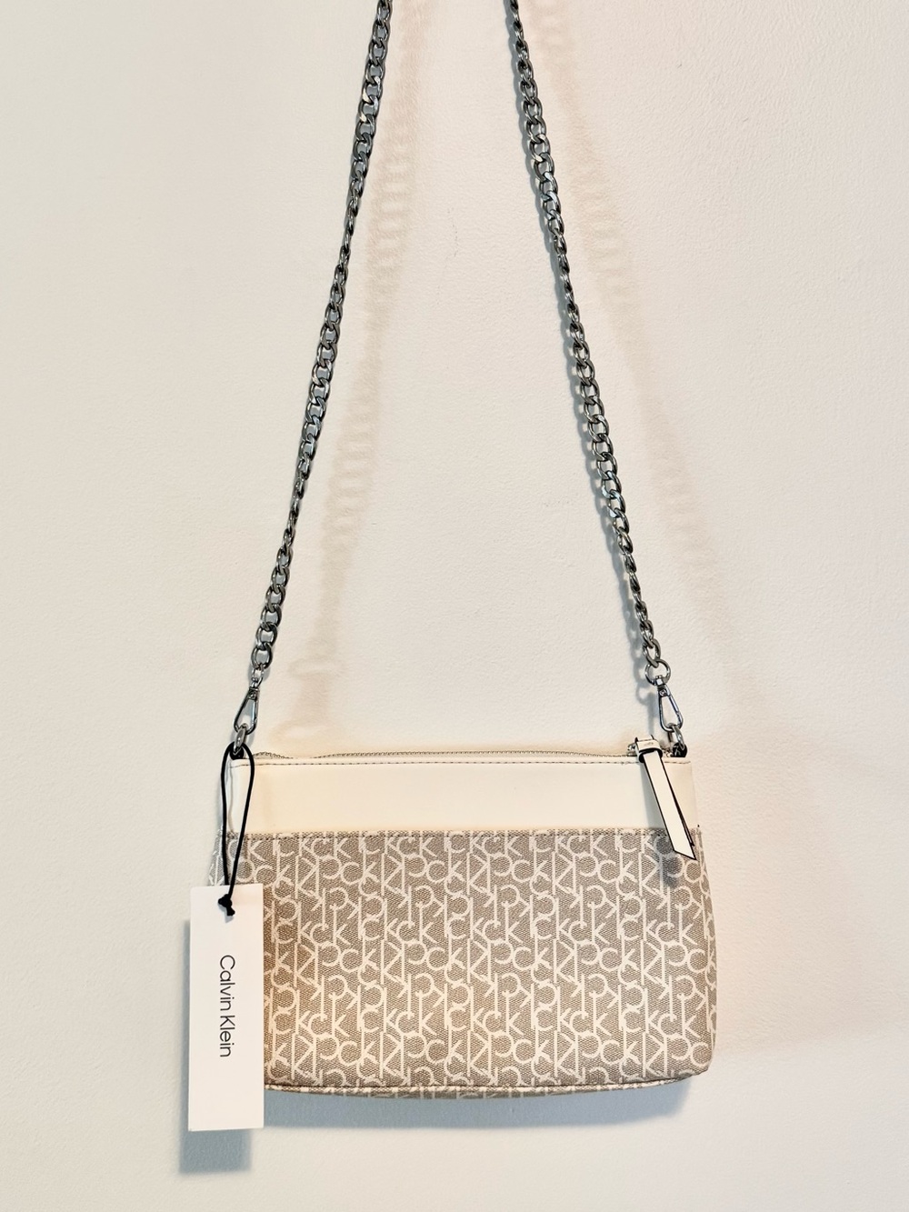 Calvin Klein Beige and White Logo Crossbody Purse with Silver Chain
